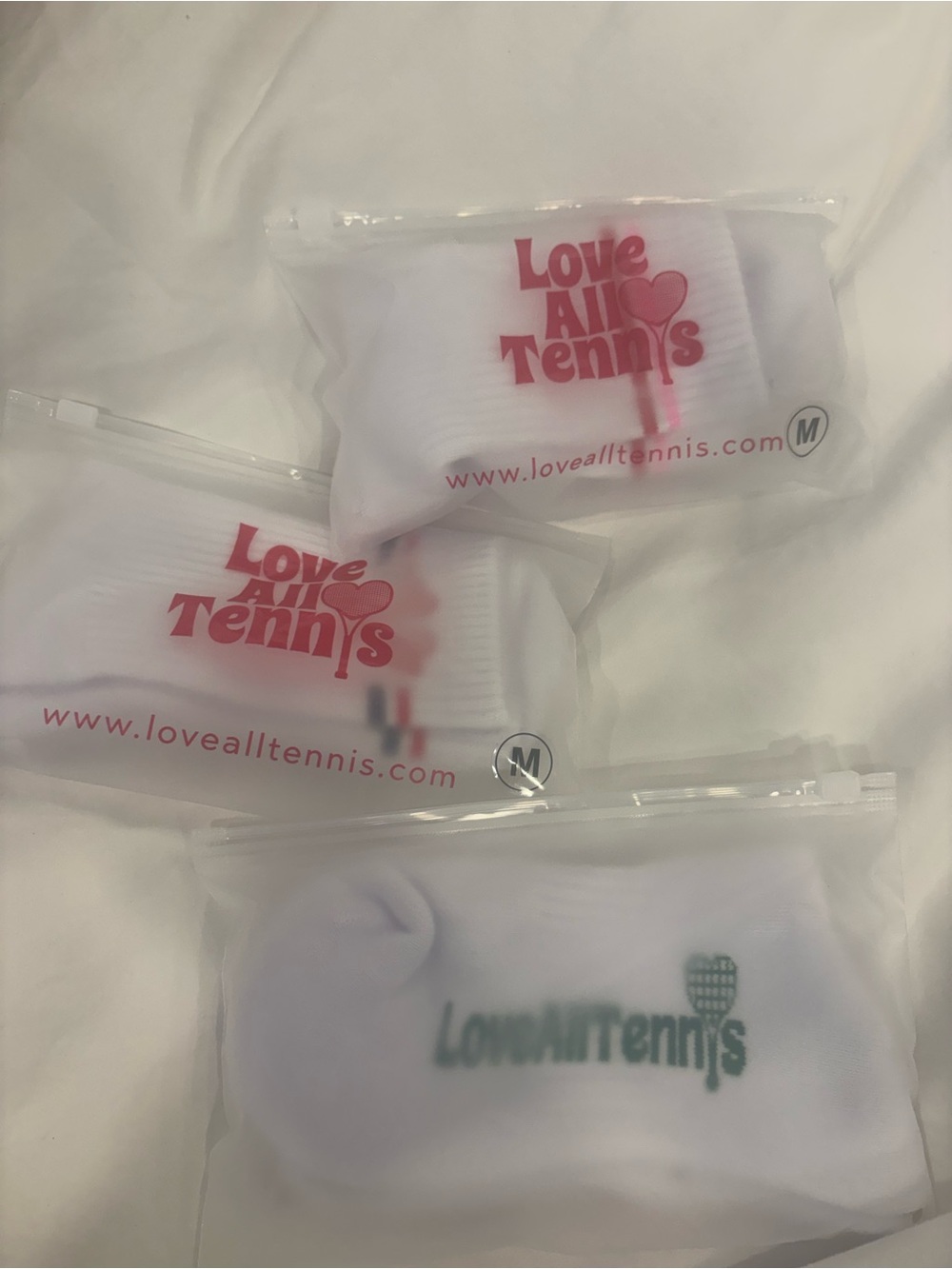 Love All Tennis Branded White Socks - Pink & Teal Logos